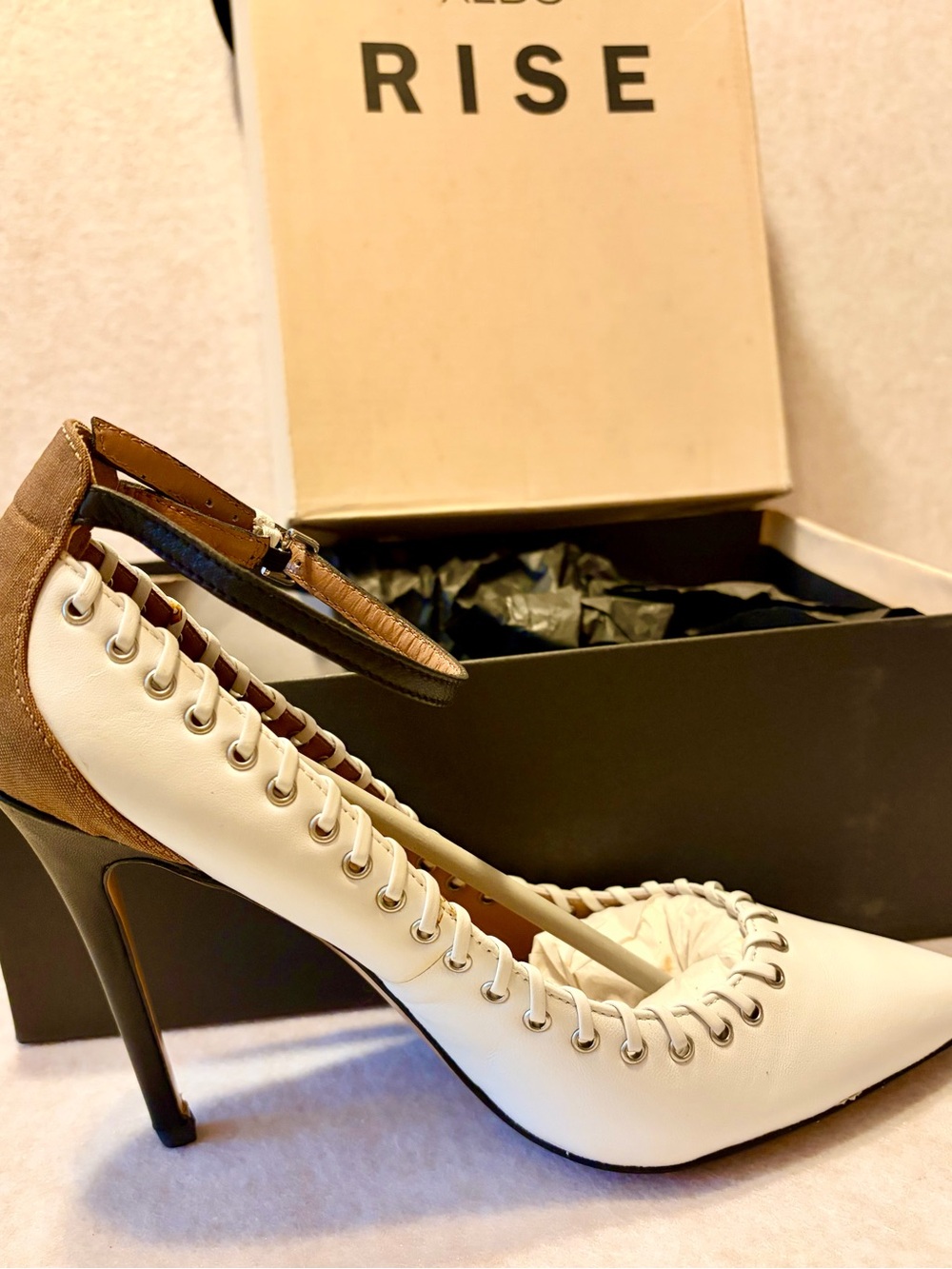 Aldo White and Brown Lace-Up Stiletto Pump